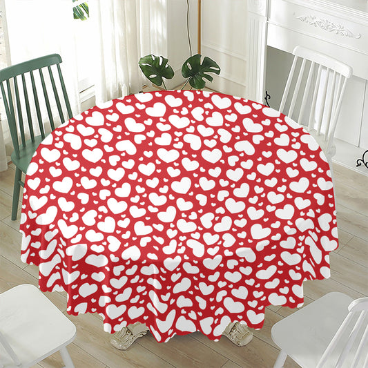White And Red Heart Pattern Print Waterproof Round Tablecloth