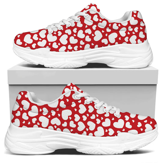 White And Red Heart Pattern Print White Chunky Shoes