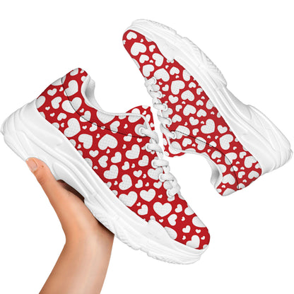 White And Red Heart Pattern Print White Chunky Shoes