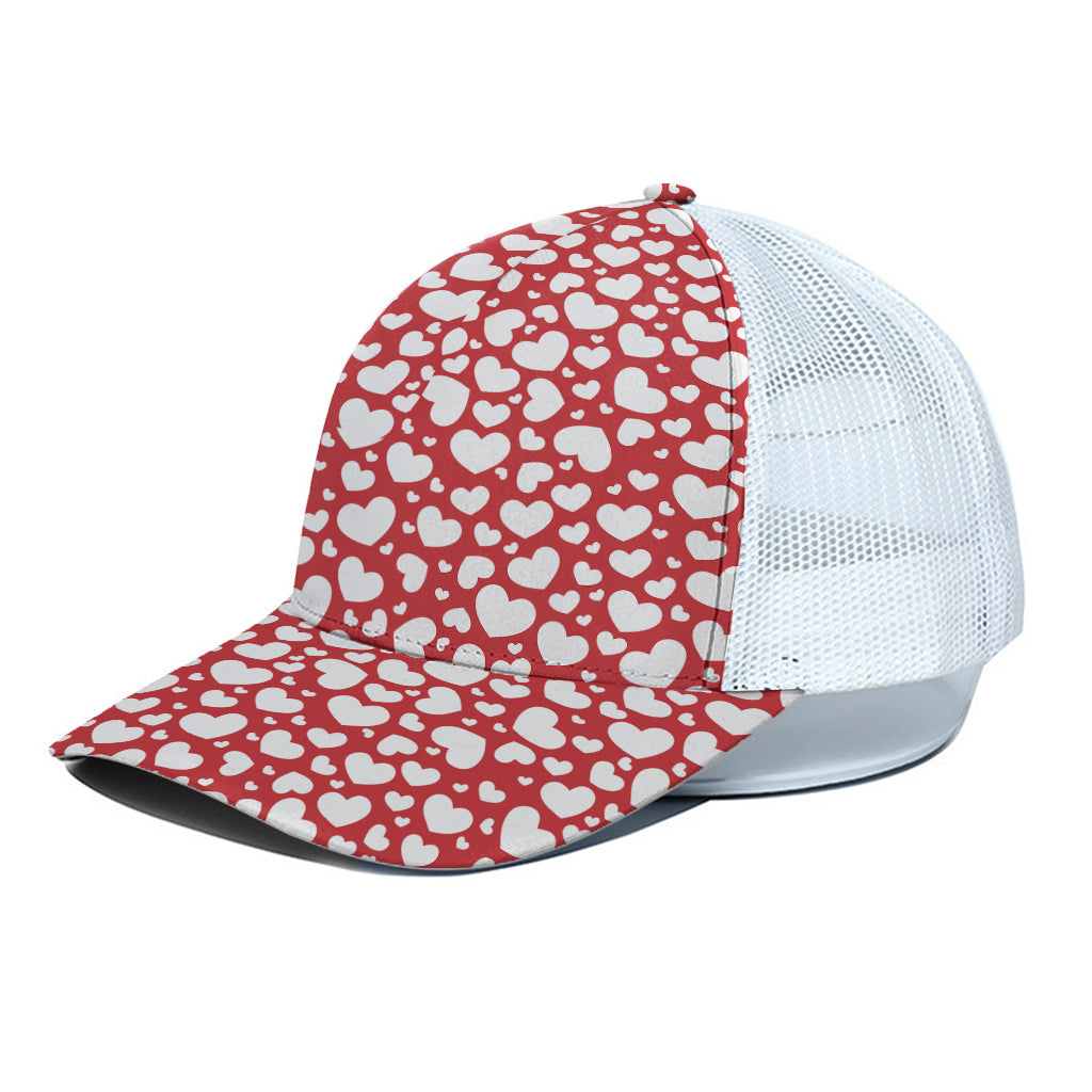 White And Red Heart Pattern Print White Mesh Trucker Cap