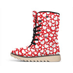 White And Red Heart Pattern Print Winter Boots