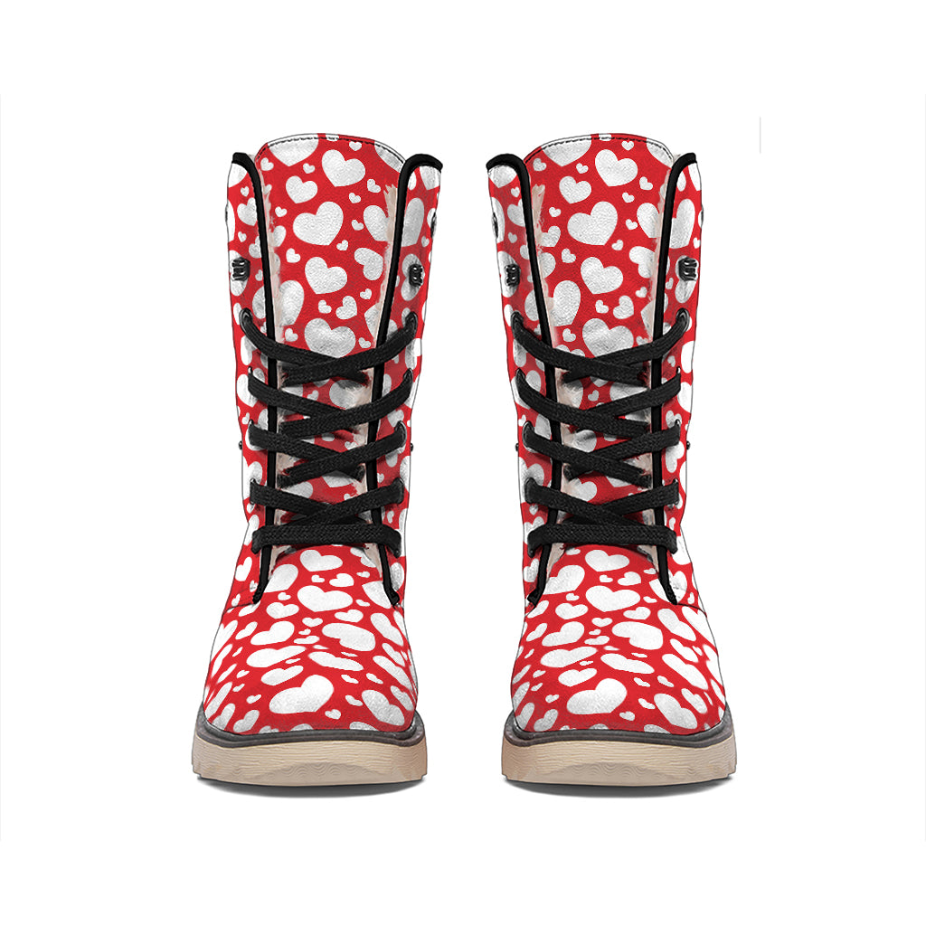 White And Red Heart Pattern Print Winter Boots