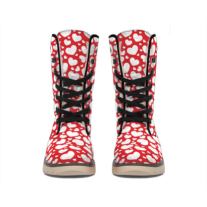 White And Red Heart Pattern Print Winter Boots