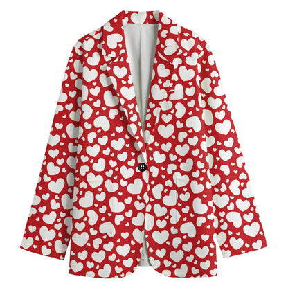 White And Red Heart Pattern Print Women's Blazer