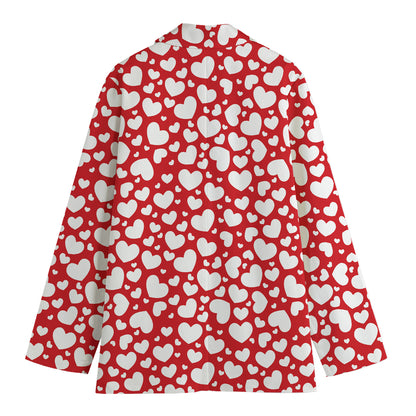 White And Red Heart Pattern Print Women's Blazer