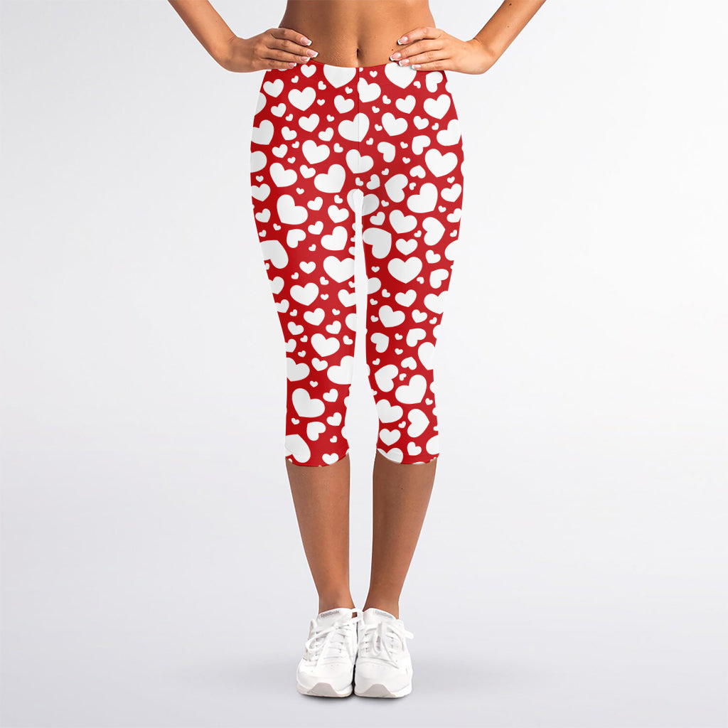 White And Red Heart Pattern Print Women's Capri Leggings