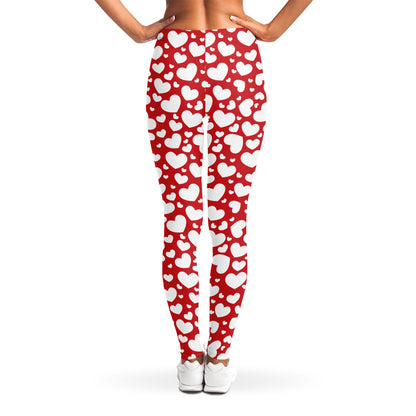 White And Red Heart Pattern Print Women's Leggings