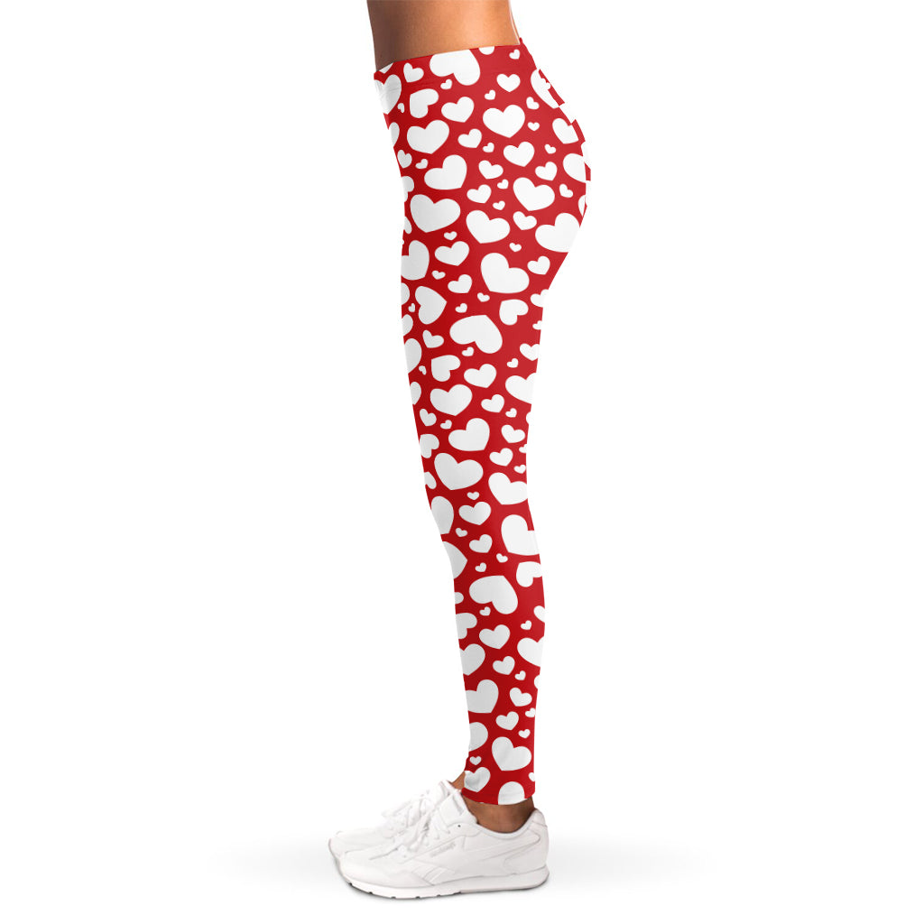 White And Red Heart Pattern Print Women's Leggings