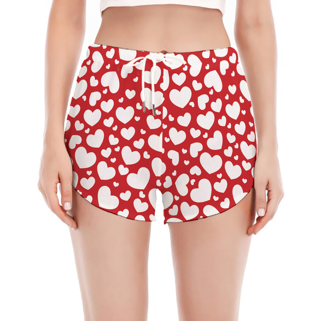 White And Red Heart Pattern Print Women's Split Running Shorts