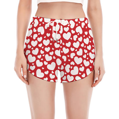White And Red Heart Pattern Print Women's Split Running Shorts