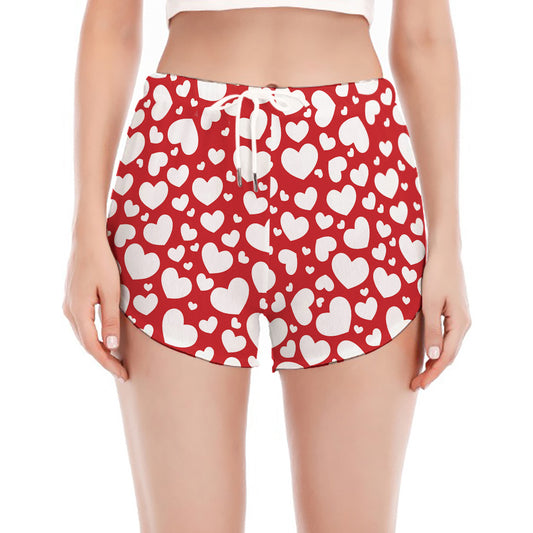 White And Red Heart Pattern Print Women's Split Running Shorts