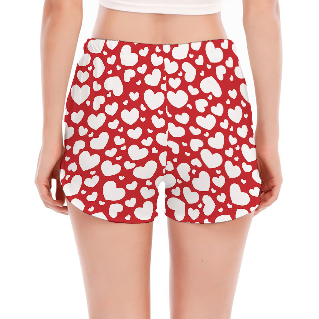 White And Red Heart Pattern Print Women's Split Running Shorts