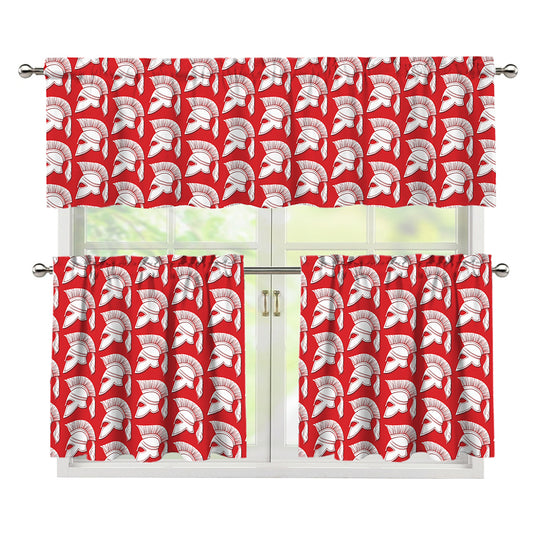 White And Red Spartan Pattern Print 3 Piece Kitchen Curtains