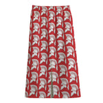 White And Red Spartan Pattern Print Cotton Front Slit Maxi Skirt