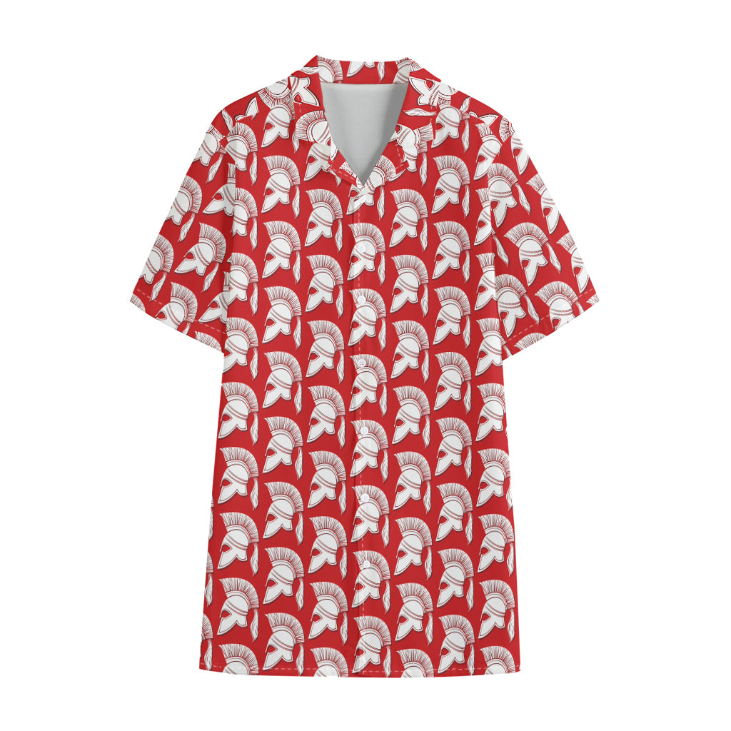 White And Red Spartan Pattern Print Cotton Hawaiian Shirt