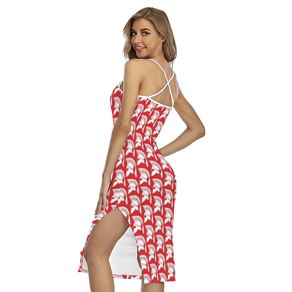 White And Red Spartan Pattern Print Cross Back Cami Dress