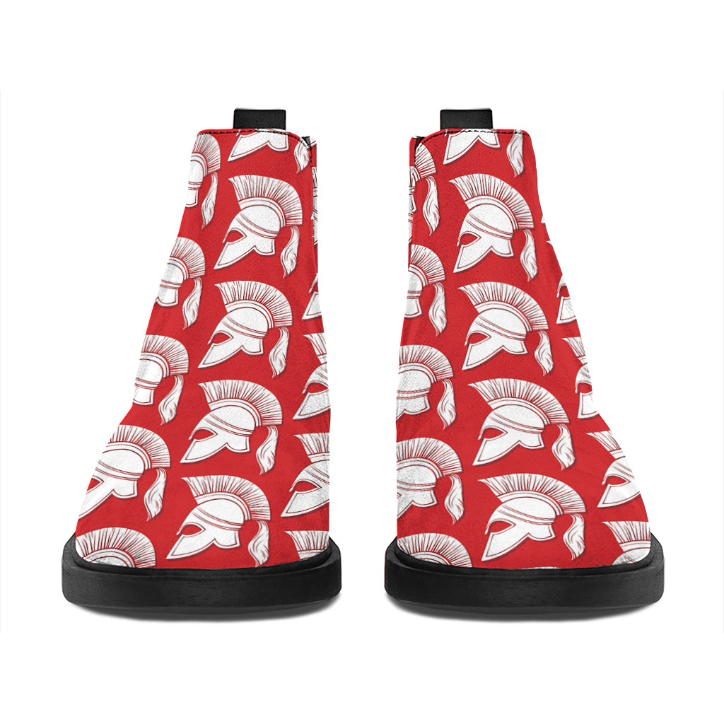 White And Red Spartan Pattern Print Flat Ankle Boots