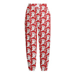 White And Red Spartan Pattern Print Fleece Lined Knit Pants
