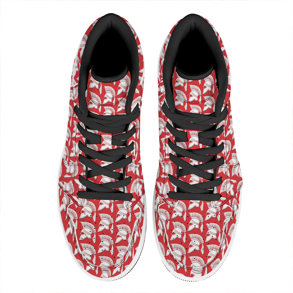 White And Red Spartan Pattern Print High Top Leather Sneakers