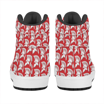 White And Red Spartan Pattern Print High Top Leather Sneakers