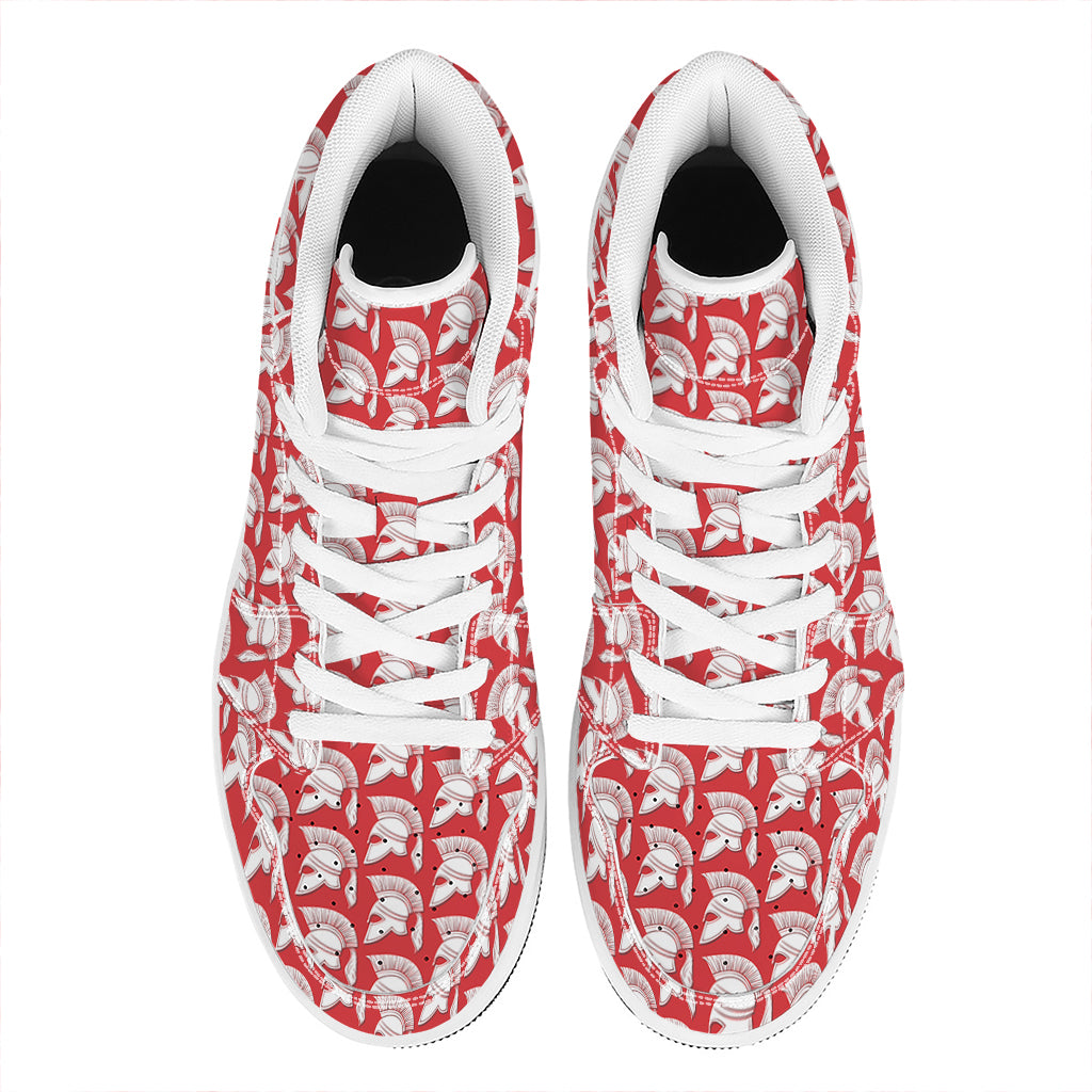 White And Red Spartan Pattern Print High Top Leather Sneakers