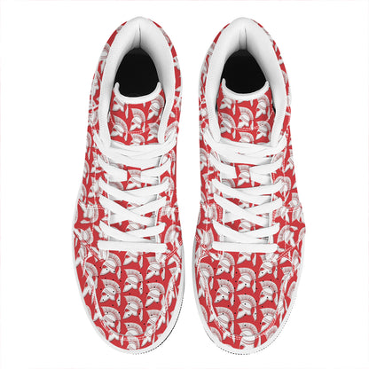 White And Red Spartan Pattern Print High Top Leather Sneakers