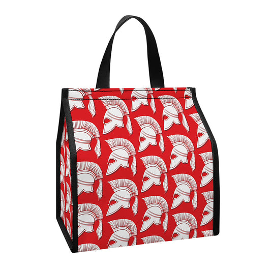 White And Red Spartan Pattern Print Insulated Lunch Tote