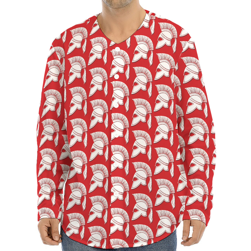 White And Red Spartan Pattern Print Long Sleeve Baseball Jersey