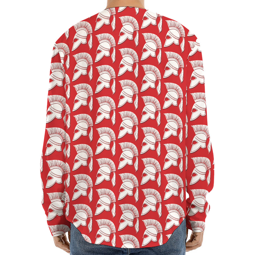 White And Red Spartan Pattern Print Long Sleeve Baseball Jersey