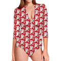 White And Red Spartan Pattern Print Long Sleeve Swimsuit