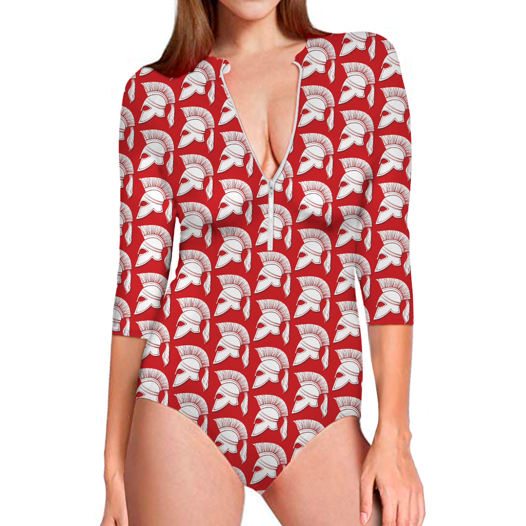 White And Red Spartan Pattern Print Long Sleeve Swimsuit