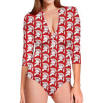 White And Red Spartan Pattern Print Long Sleeve Swimsuit