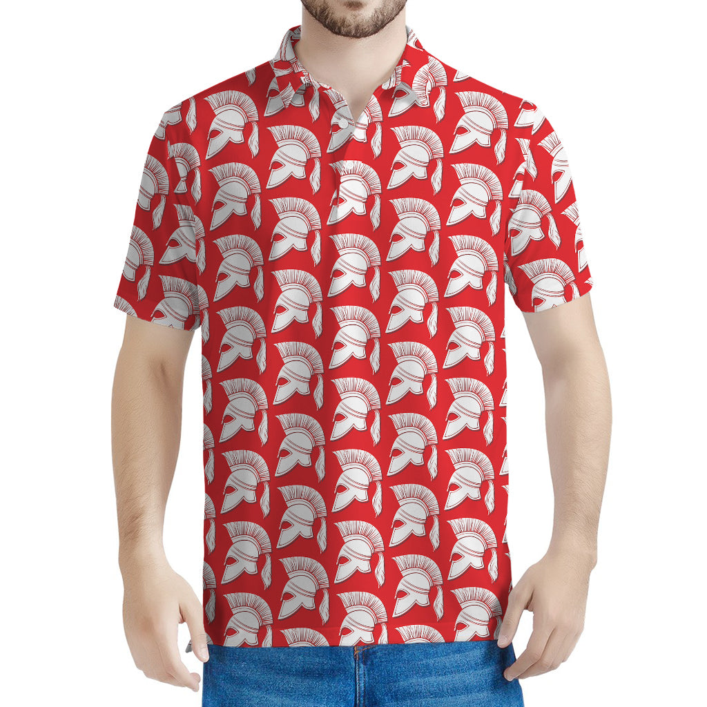 White And Red Spartan Pattern Print Men's Polo Shirt