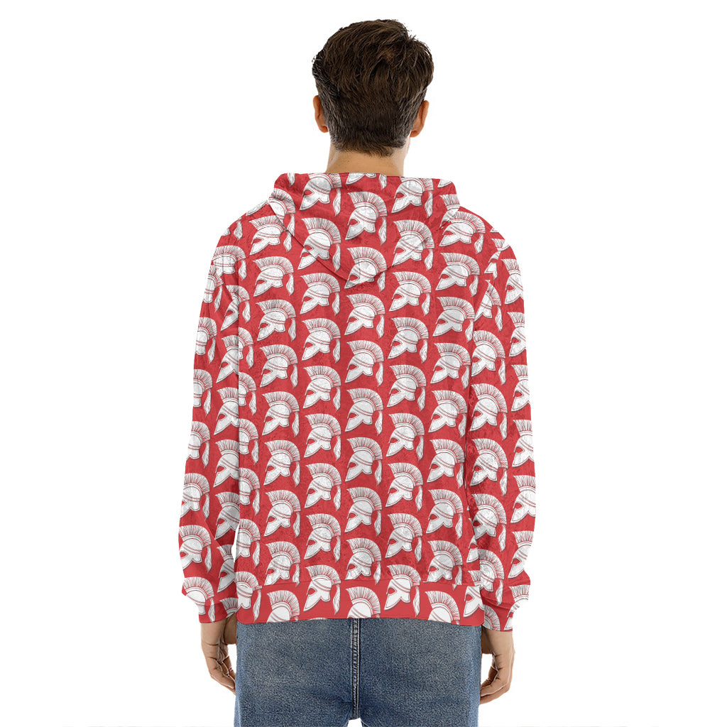 White And Red Spartan Pattern Print Men's Velvet Pullover Hoodie