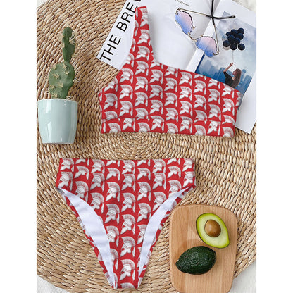 White And Red Spartan Pattern Print One Shoulder Bikini Top