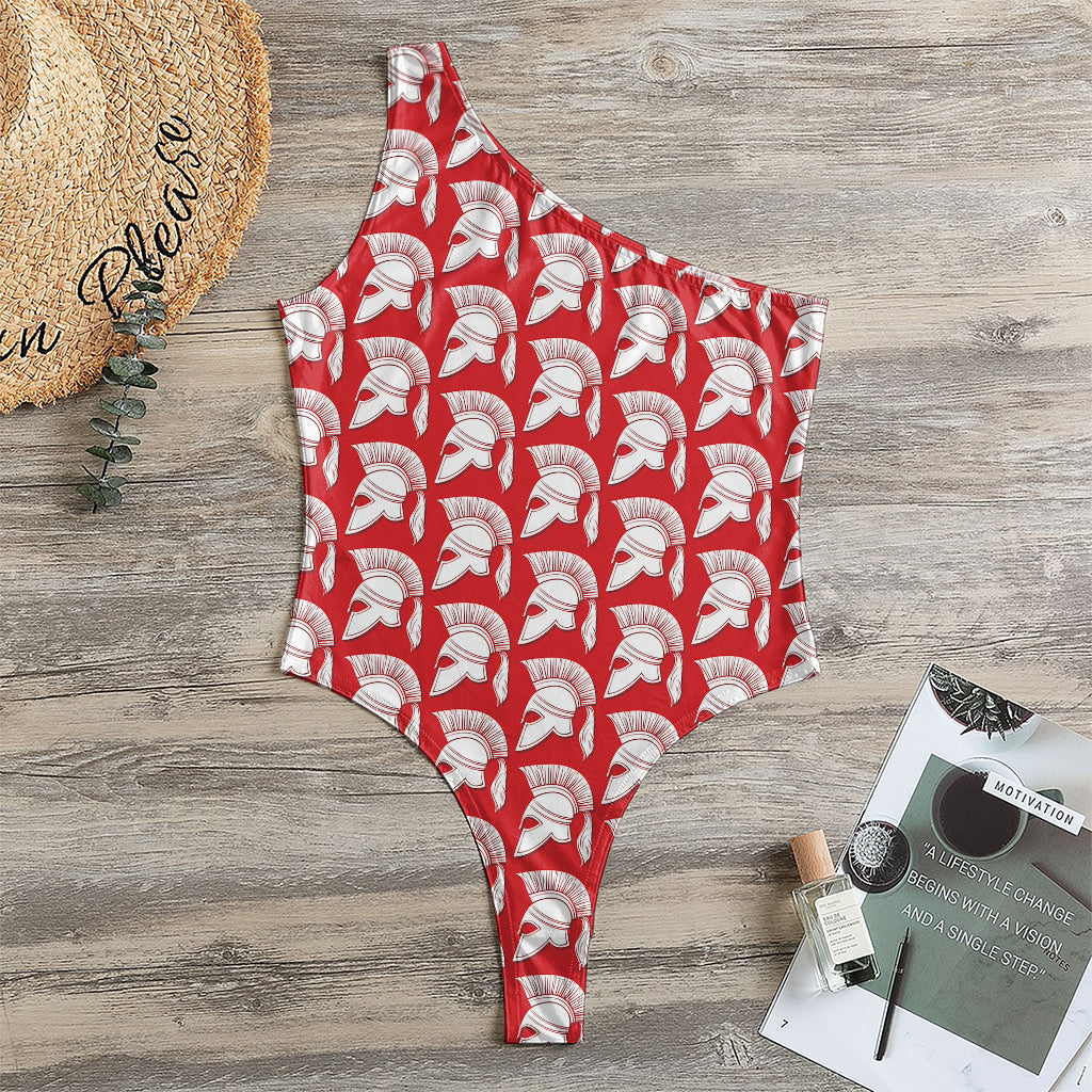 White And Red Spartan Pattern Print One Shoulder Bodysuit