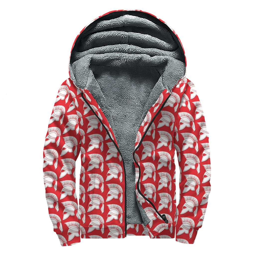 White And Red Spartan Pattern Print Sherpa Lined Zip Up Hoodie