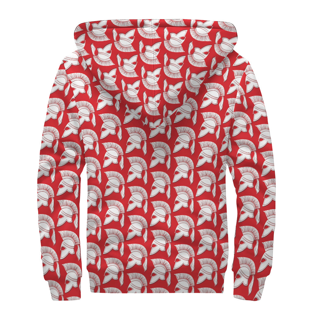 White And Red Spartan Pattern Print Sherpa Lined Zip Up Hoodie
