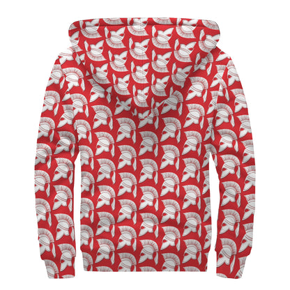 White And Red Spartan Pattern Print Sherpa Lined Zip Up Hoodie