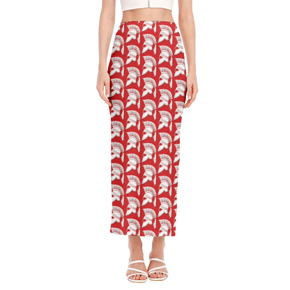 White And Red Spartan Pattern Print Side Slit Maxi Skirt