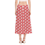White And Red Spartan Pattern Print Side Slit Midi Skirt