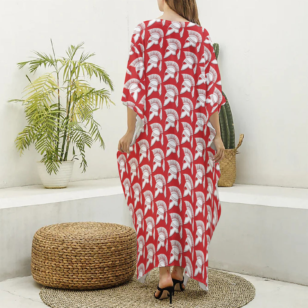 White And Red Spartan Pattern Print Silk V-Neck Kaftan Dress
