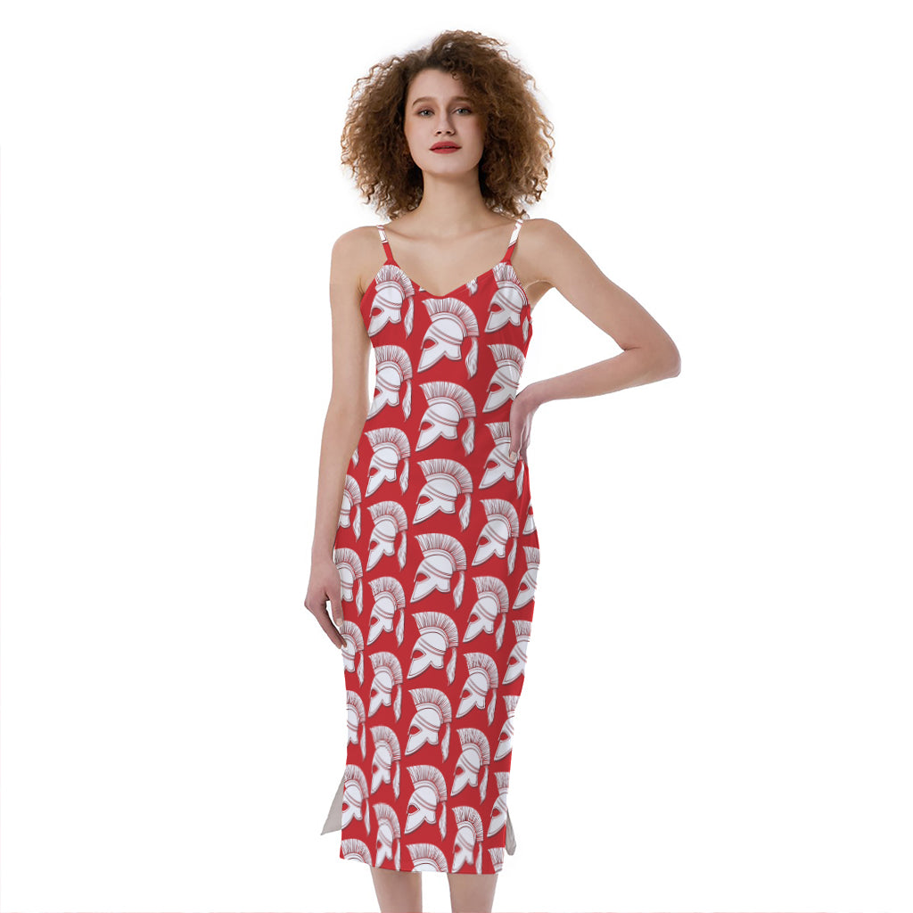 White And Red Spartan Pattern Print Slim Fit Midi Cami Dress