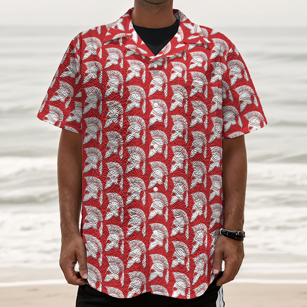 White And Red Spartan Pattern Print Textured Short Sleeve Shirt