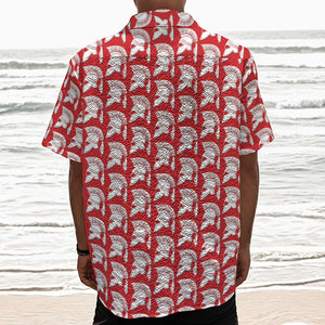 White And Red Spartan Pattern Print Textured Short Sleeve Shirt