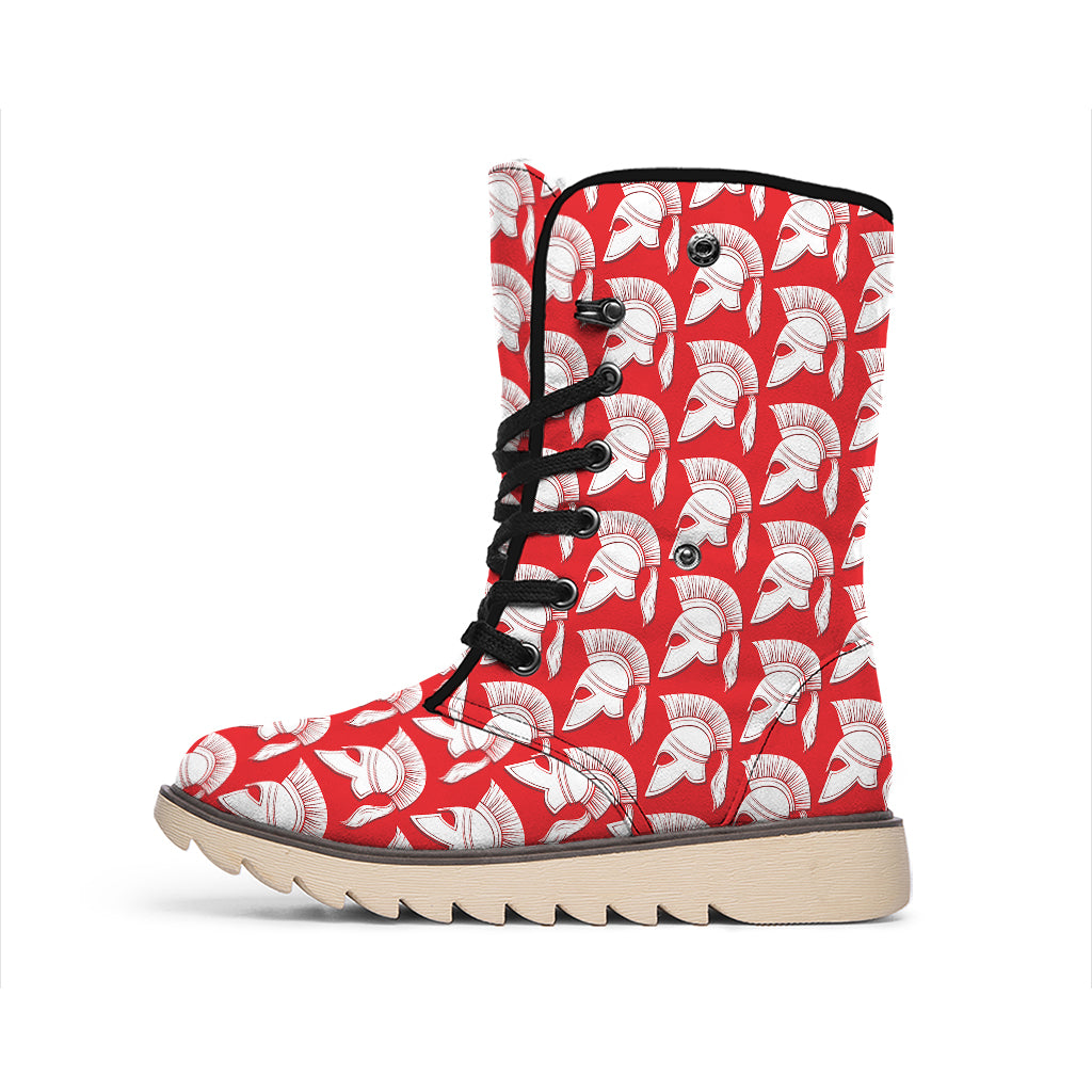 White And Red Spartan Pattern Print Winter Boots