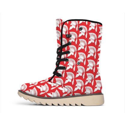 White And Red Spartan Pattern Print Winter Boots