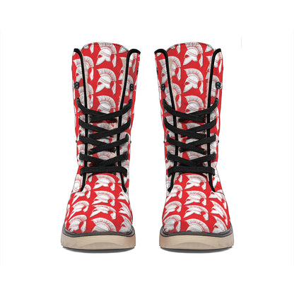 White And Red Spartan Pattern Print Winter Boots