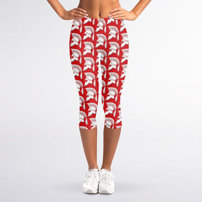 White And Red Spartan Pattern Print Women's Capri Leggings