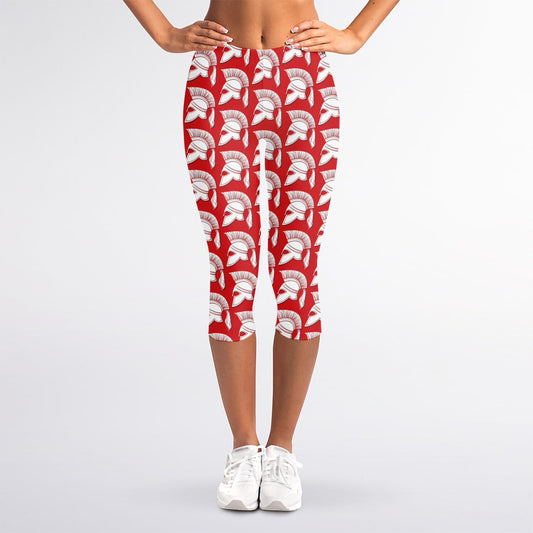 White And Red Spartan Pattern Print Women's Capri Leggings